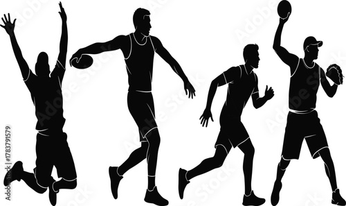 Sports silhouettes illustration, athletes with ball vector, dynamic action poses design, rugby baseball frisbee celebration art, black and white icons