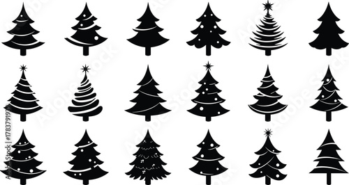 Christmas tree silhouette collection, festive holiday pine icons, decorated fir vector set, winter celebration illustration elements for design, decoration, and seasonal artwork.
