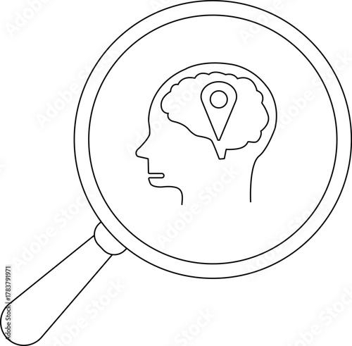 A magnifying glass focuses on a head containing a brain with a location pin inside