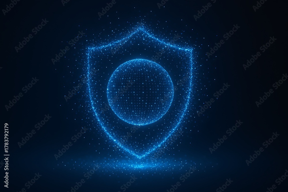 Obraz premium Digital Security Shield with Glowing Blue Particles and Sphere