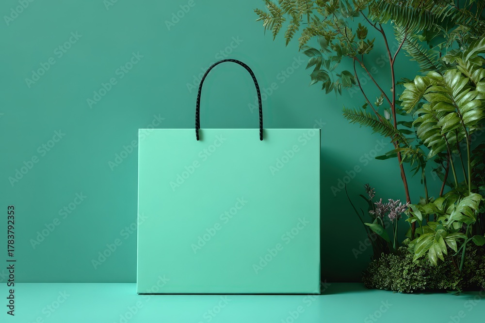 Fototapeta premium A mint green shopping bag sits against a teal background surrounded by lush greenery, creating a serene and vibrant visual composition.