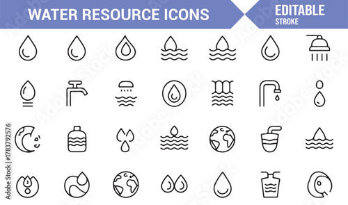 Editable Stroke Hydrology Icons – Thin Line Vector Collection for Water, Earth, and Conservation Projects