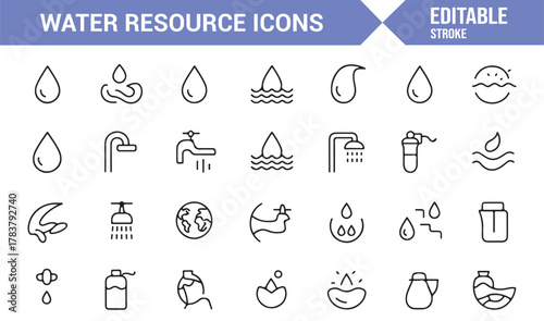 Thin Line Water Utility Icons – Minimal Vector Set of Shower, Drop, and Plumbing Symbols