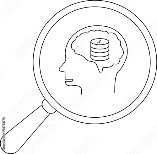 A magnifying glass focuses on a head profile with a brain containing a stack of money coins