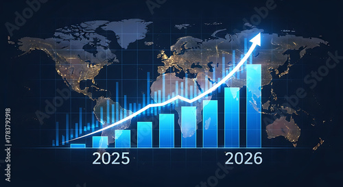 Global growth chart with upward trend line over world map 2025 2026 graph