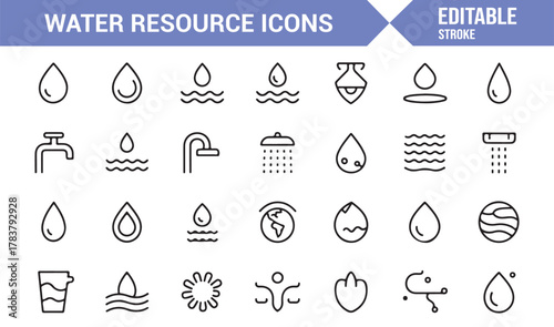Outline Water Icons – Thin Line Editable Vector Set Representing Faucet, Drop, and Wave Designs
