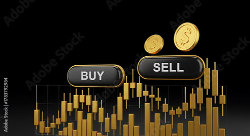 Gold candlestick chart with buy sell buttons and coins on black finance trading