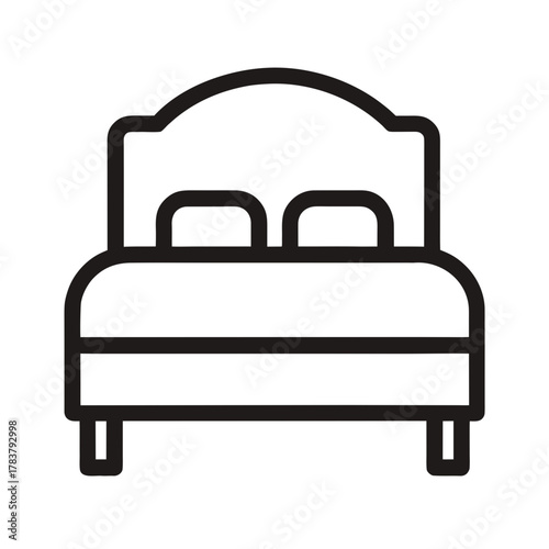 Minimalist outline icon of a classic bed with a headboard and two pillows, symbolizing rest and sleep.