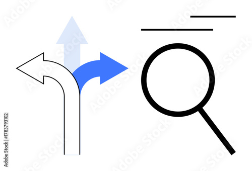 Three directional arrows diverging into blue and black paths paired with a magnifying glass. Ideal for navigation, strategy, choice, options, analysis, research, exploration. Simple flat metaphor