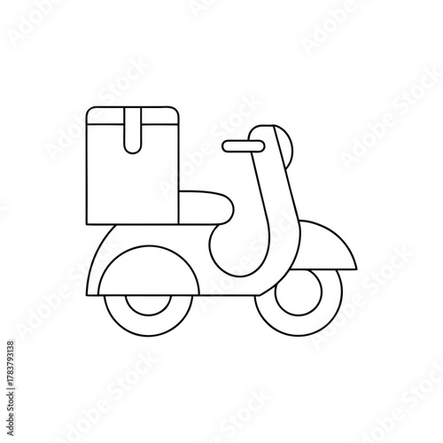Line art icon of a delivery scooter with a parcel box, representing swift delivery, logistics, and courier services.