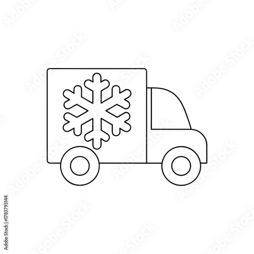 Outline icon of a delivery truck with a snowflake symbol, representing frozen food transport and cold chain logistics service.