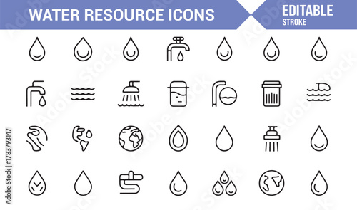 Thin Line Water Icons – Minimal Vector Set Featuring Faucet, Shower, and Environment Elements