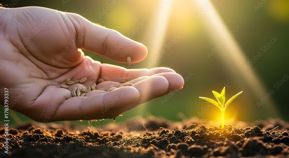Fototapeta premium Hand dropping seeds into soil next to a glowing plant sprout under bright golden sunlight. Concept of planting, agricultural beginnings, nurturing, and future potential.