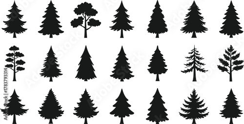 Collection of black pine and deciduous tree silhouettes, forest and nature elements for eco design, landscape decoration, and environment vector illustration.