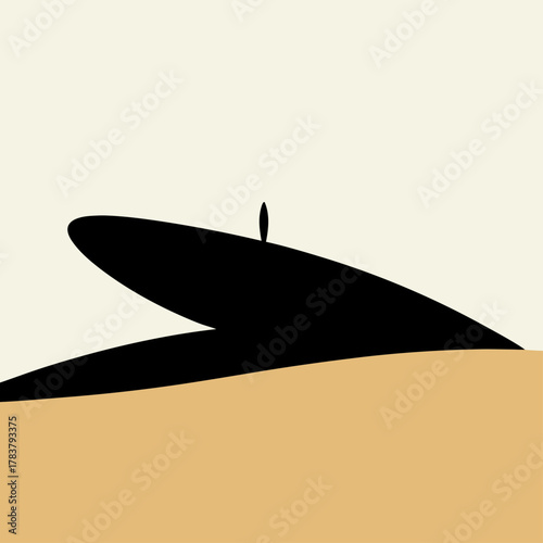 Minimalist silhouette of a lone person on a vast abstract dark landform, conceptual solitude journey.
