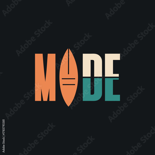 Mode wordmark logo design with a stylized surfboard replacing the 'o' and a vibrant mirrored reflection