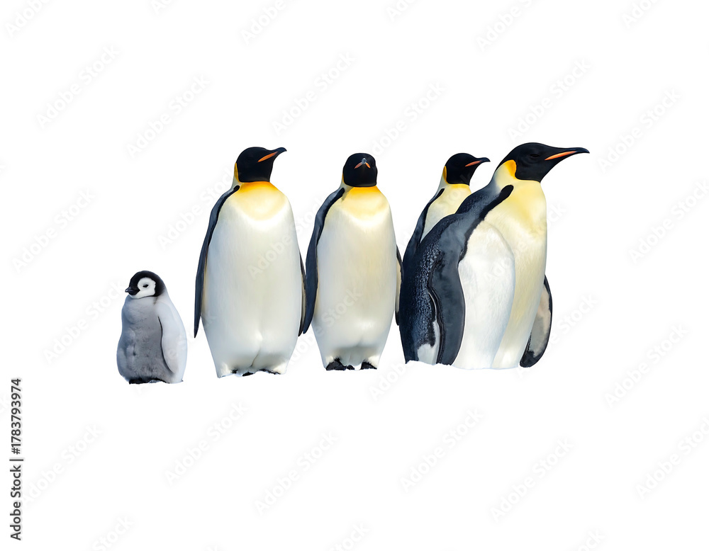 Fototapeta premium A huddle of emperor penguins, including one chick, stand together against a black background in a close up shot