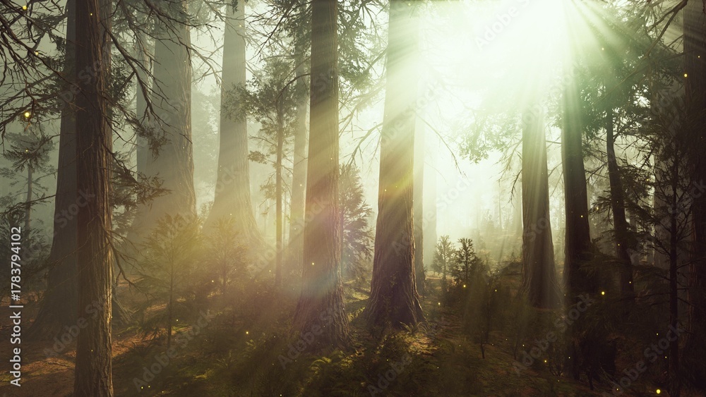 Naklejka premium Rays of sunlight pierce through a dense canopy in a tranquil forest. Soft mist envelops towering trees, creating a serene and magical atmosphere in the early morning.