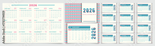 Complete 2026 calendar design featuring all twelve months in a modern layout, accented with a vibrant abstract geometric pattern in teal and pink hues.