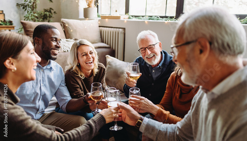 Wallpaper Mural Happy group of adults enjoying New Year celebration at home, laughing and toasting with wine in cozy living room, festive atmosphere, diverse friends, casual clothing, natural light Torontodigital.ca