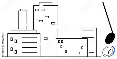 Minimalist city skyline with multiple buildings and a pendulum clock. Ideal for urbanization, time management, architecture, business planning, city dynamics, modern lifestyle, and efficiency. Simple