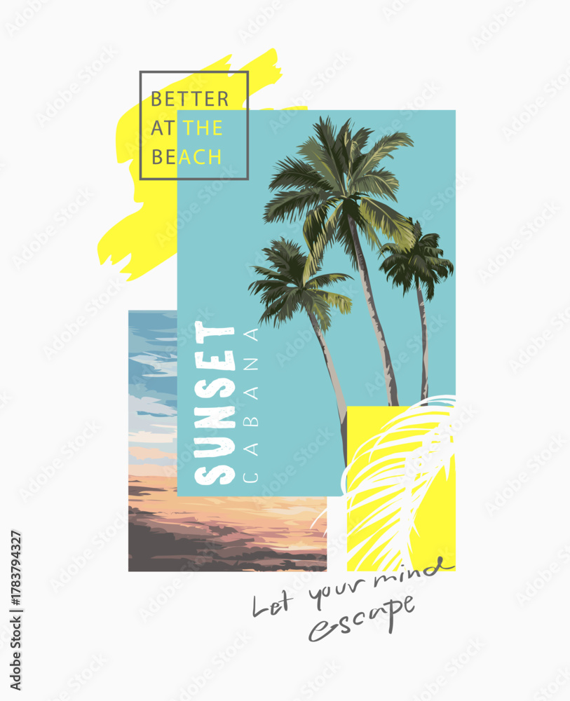 Fototapeta premium typography slogan on palm tree and beach sunset vector illustration - created by hand drawn