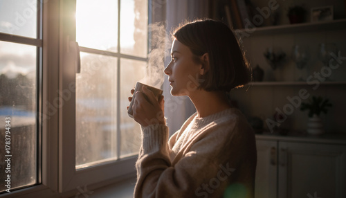 Wallpaper Mural Woman sipping coffee near window with sunrise light, cozy sweater, peaceful morning atmosphere, steam rising from cup, serene expression, home interior, soft natural lighting Torontodigital.ca