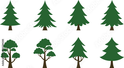 Collection of green pine and deciduous tree vector icons, nature forest elements, eco design, simple flat style illustration for decoration