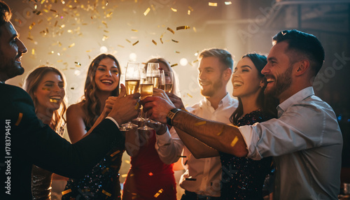 Wallpaper Mural Group of friends celebrating with champagne, smiling and cheering under golden confetti in festive indoor party atmosphere, joyful and glamorous evening event Torontodigital.ca