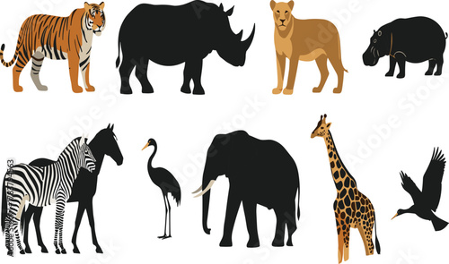 Wildlife illustration featuring tiger, rhinoceros, lioness, hippopotamus, zebras, crane, elephant, giraffe, bird, colorful vector design for education, branding, nature art