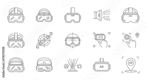 Line Art Illustrations of Various Virtual Reality Headsets and Related Icons.