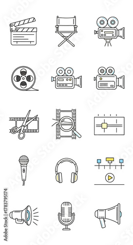 Line art icons set for film and audio production, featuring cameras, microphones, clapperboard, and directors chair.