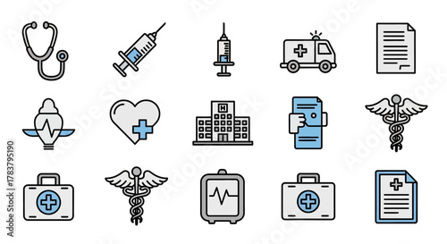 Medical Icons Set - Stethoscope, Syringe, Ambulance, Heart, Hospital, Caduceus, First Aid Kit.