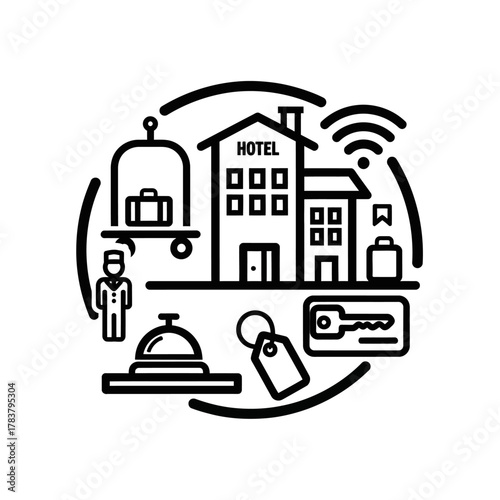 Minimalist Black Line Art Hotel Services Icons - Buildings, Bellhop, Luggage, Key Card, WiFi Symbol.