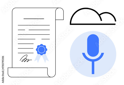 Certificate with seal of authenticity, cloud symbol, and voice recognition icon. Ideal for technology, innovation, authentication, education, cloud storage voice control digital tools. Simple flat