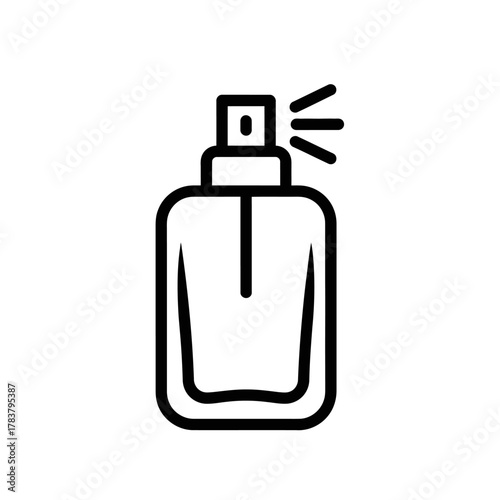 Minimalist black line art icon of a spraying perfume bottle with an atomizer nozzle.