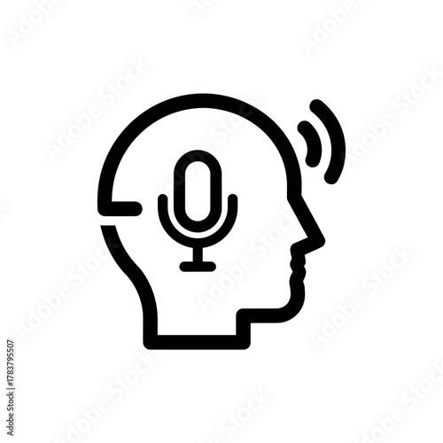 Minimalist black line icon of a human head profile with an internal microphone and sound waves.