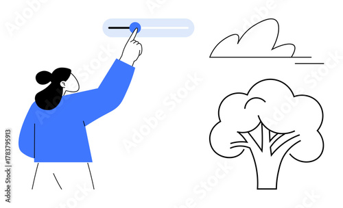 Person interacts with slider, representing control or customization, alongside a tree and cloud. Ideal for environment, UI, settings, adjustments, eco-awareness, minimal interfaces technology