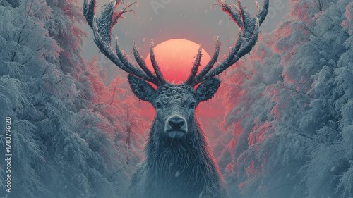 Deer with rising sun between its antlers. Winter solstice or December Solstice
