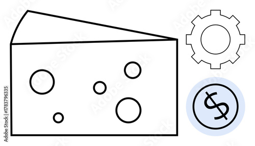 Cheese slice with circular holes, gear for productivity, and dollar coin representing value. Ideal for food industry, economics, productivity, manufacturing, business strategy, finances simple flat