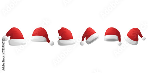Santa Claus hat Vector illustration Set in different styles, colors, silhouettes, and outlines, 
Set of icons isolated on a white background, Christmas Holiday Accessory Icon Collection