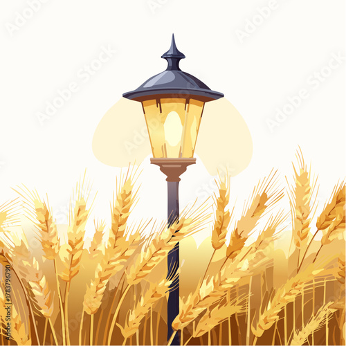 Vintage Street Lamp Illuminating Golden Wheat Field at Dusk With Soft Warm Light and Natural Ambiance