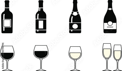 Wine bottles with labels, champagne bottles, red wine glasses, white wine glasses, champagne flutes, alcohol drinkware silhouettes, bar vector illustration design