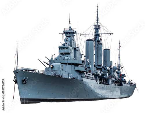 A large grey warship with multiple gun turrets, radar arrays, and tall masts against a transparent background