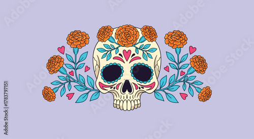 Day of the Dead skull with marigolds a vector illustration for Dia de los Muertos isolated on a light purple background transparent background