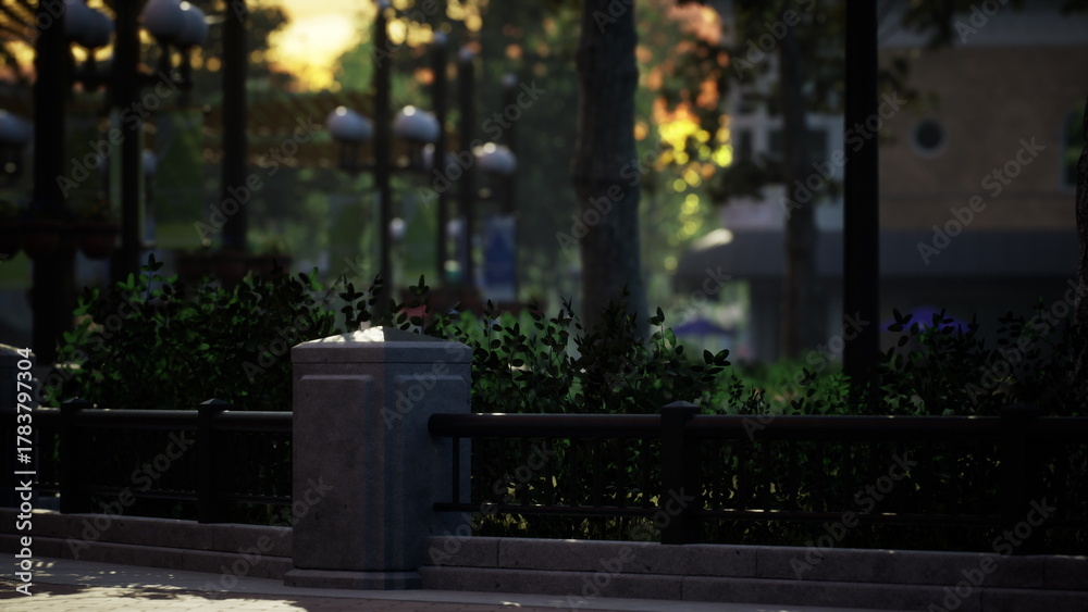 Obraz premium A tranquil urban park path is illuminated by the soft glow of evening light. Lush greenery lines the walkway, creating a peaceful atmosphere for leisurely strolls and relaxation.