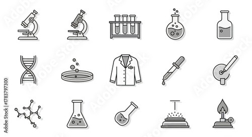 Science and Laboratory Equipment - Microscope, Test Tubes, Flasks, DNA, and More.