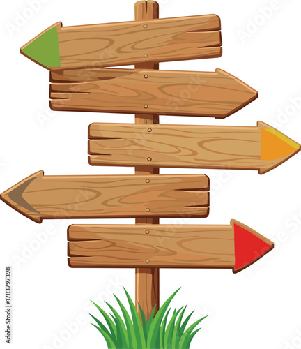 Wooden directional signpost, rustic arrows, navigation board, grass patch design, colorful tips, guidance symbol, travel concept, vector illustration, cartoon style, decision making