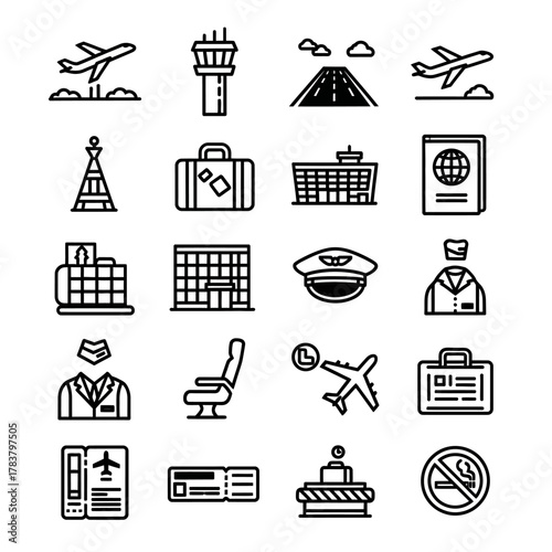 Set of Black and White Airport Icons Depicting Travel and Aviation Elements.