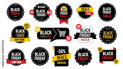 Black Friday Sale Badges Vector Set with November Text, Discount Labels, Shopping Tags, Promotional Offer Stickers for Retail Marketing Design